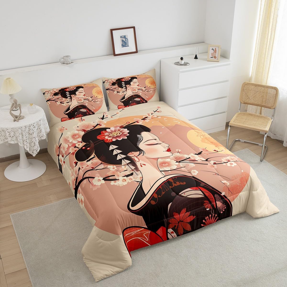 Feelyou Kids Japanese Geishas Comforter Set Full Size Boys Girls Cherry Blossoms Comforter Japanese Style Bedding Set Japanese Tradition Aesthetic Quilt Set