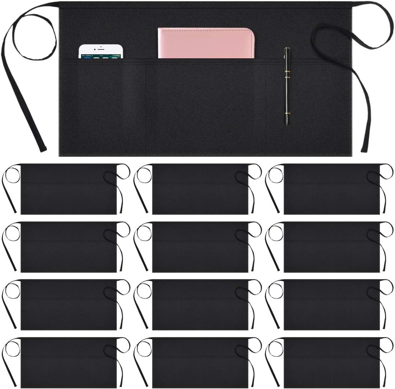 Syntus 12 Pack 3 Pockets Waterdrop Resistant Waitress Waist Apron, 11.5-inch Black