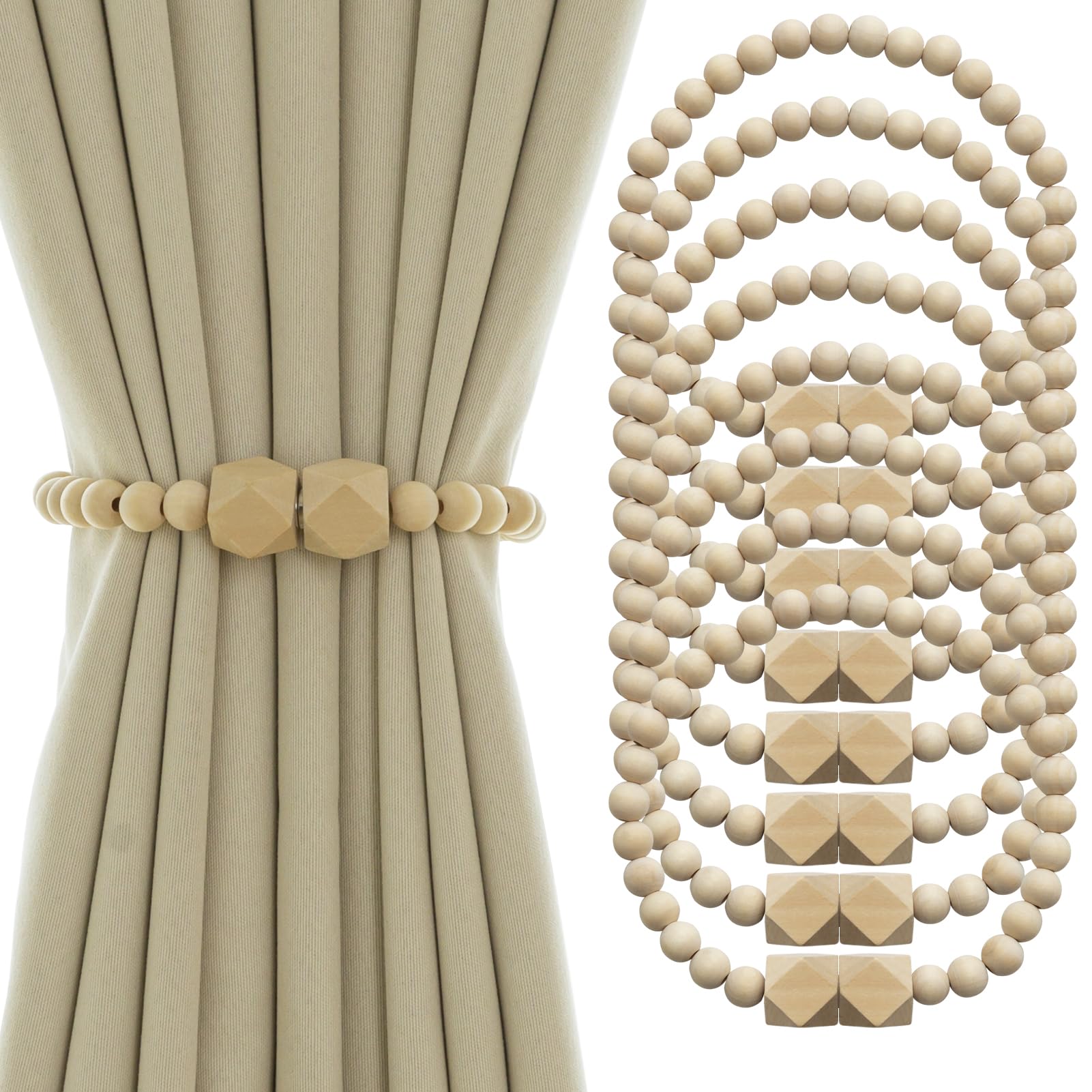 Contoeey Magnetic Curtain Tiebacks Farmhouse Tie Backs for Curtains 8 Pack Boho Window Curtain Holdbacks Wood Bead Curtain Tie Backs for Bedroom Decor