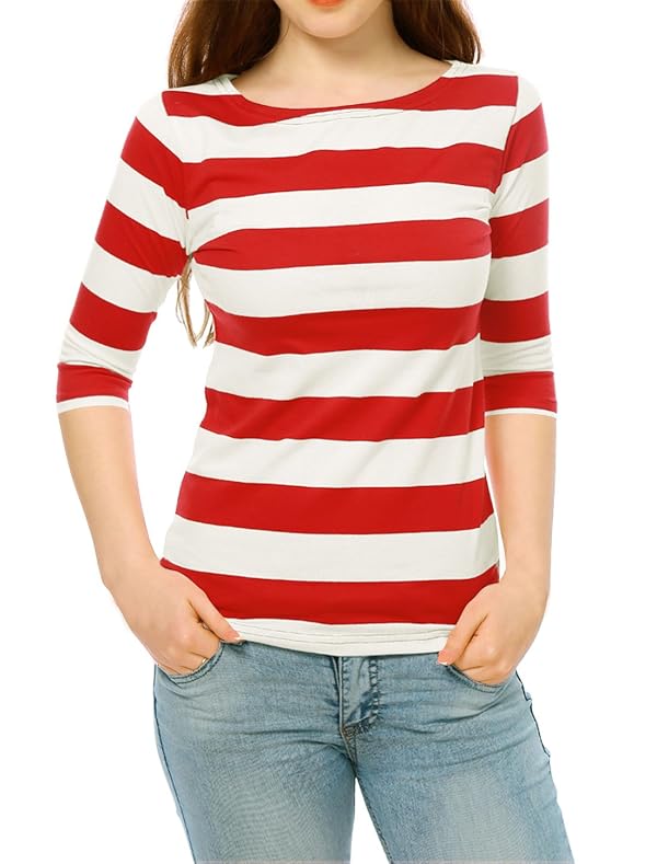 Allegra K Women's Striped Shirt Elbow Sleeve Slim Fit Tops Casual Basic Boat Neck Top Medium Red by Allegra K - Used condition - Image 3