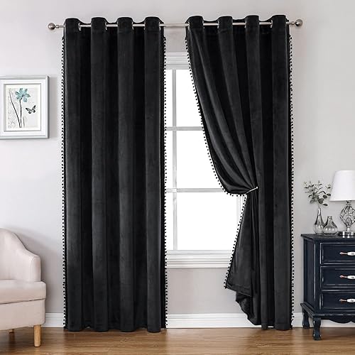Miniatura 2 de MISS SELECTEX Cortinas de terciopelo con pompones para sala de estar, cortinas suaves para oscurecer la habitación, cortinas de 84 pulgadas de largo