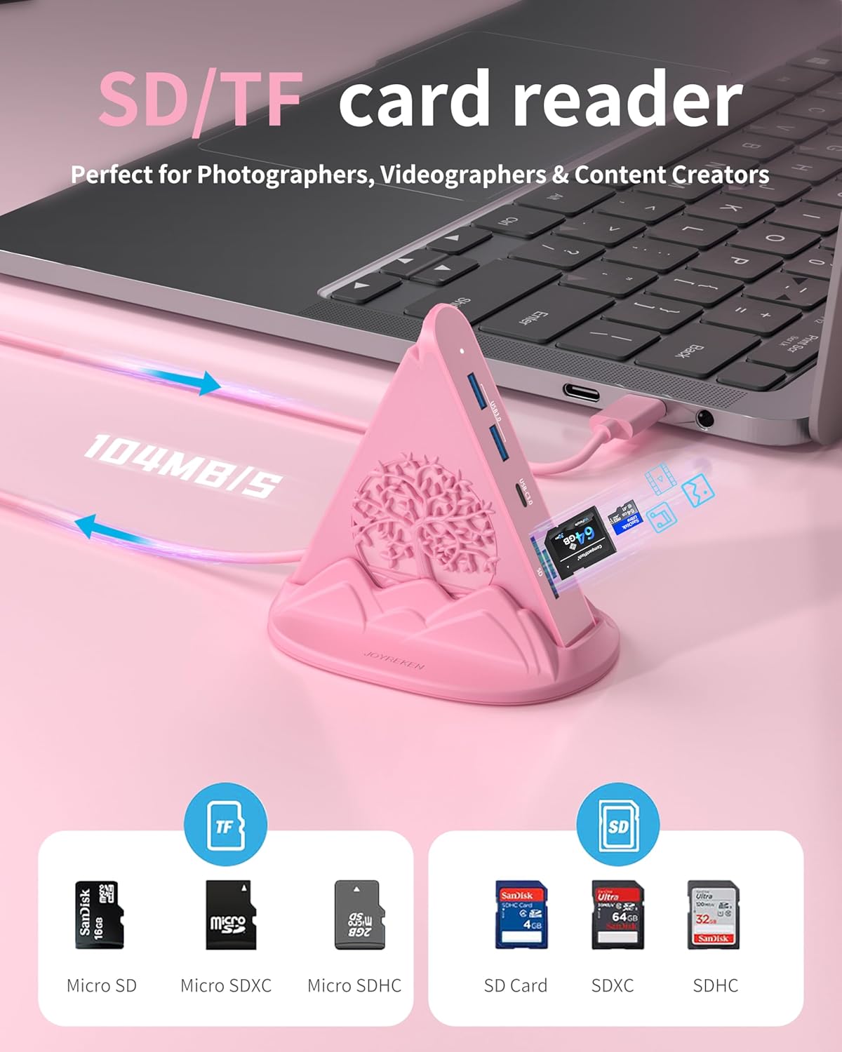 Pink USB C Hub, 8-in-1 USB C Multiport Adapter with 4K@30Hz HDMI, 100W Power Charging, 5Gbps Type C, 3 USB-A 3.0, SD/TF Slots& RGB Lighting, Pink Type C Hub for MacBook, iPhone17, iPad, XPS(Tree)