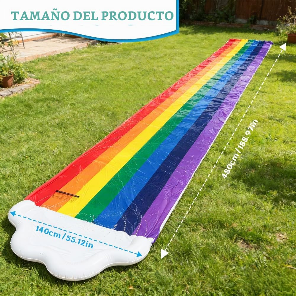 Tobogán de Agua Doble,480x140CM Water Slip and Slide con 2 Tablas de Surf y Rociador,5 Parches de Reparación,Juguetes de Exterior,Juegos de Piscina,Jardín