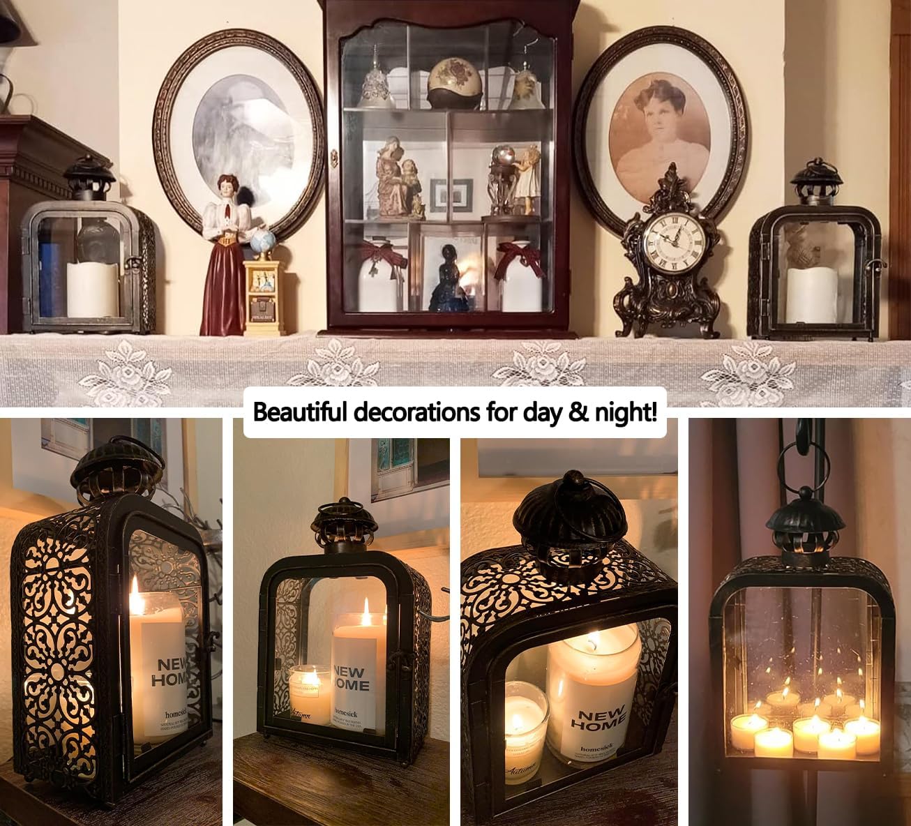 DECORKEY Candle Lantern Decorative Indoor & Outdoor, Vintage Metal Lanterns with Clear Glass, Tabletop&Hanging Candle Holders for Patio Front Porch Home Decor, Christmas Decorations (Bronze)
