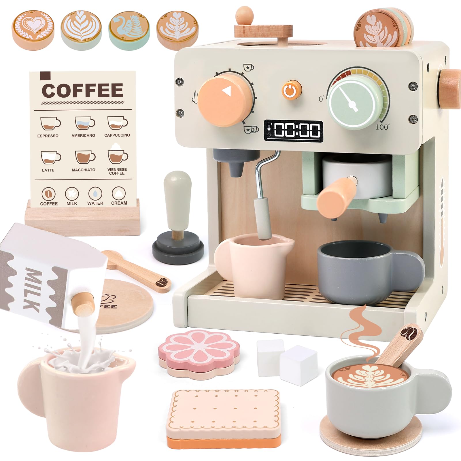 Masonbaby Wooden Coffee Machine Toy Wooden Coffee Playset, Realistic Pretend Play Kitchen Accessories, Barista Shop Role Play Montessori Learning Toys Birthday Gifts for Girls Boys Ages 3 4 5 Years