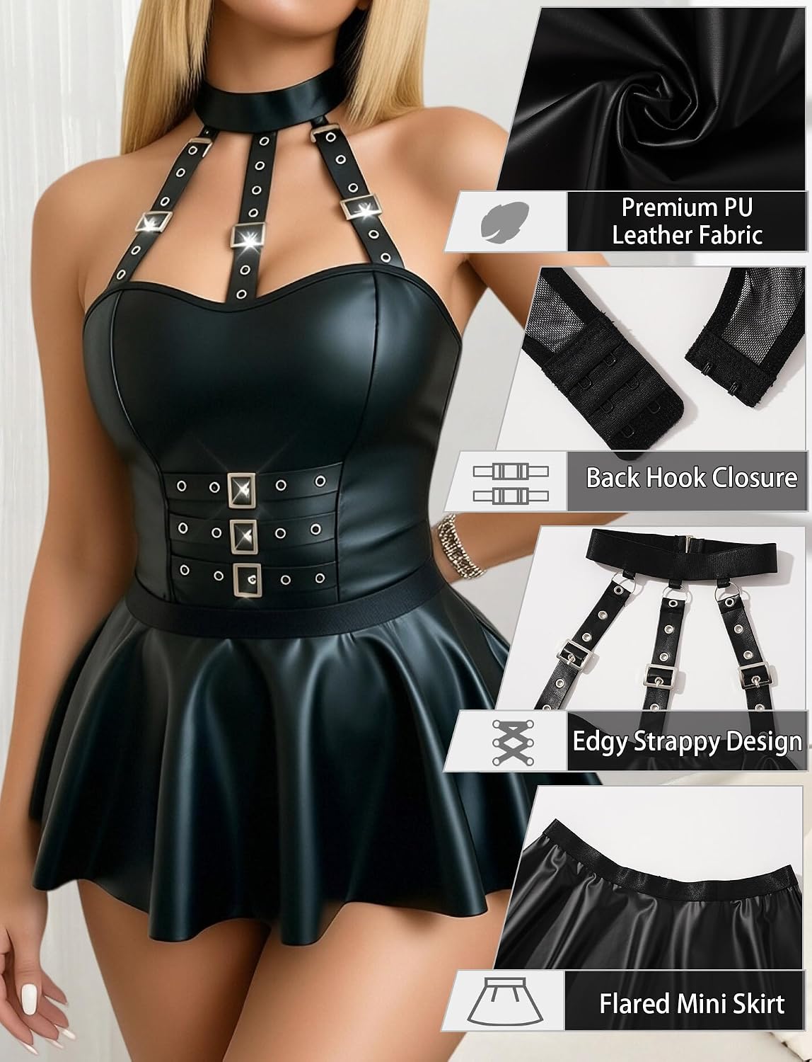 FEOYA Women’s Halter Lingerie set V-Neck Bodycon Dress PU Leather Pleated Mini Nightwear S-XL