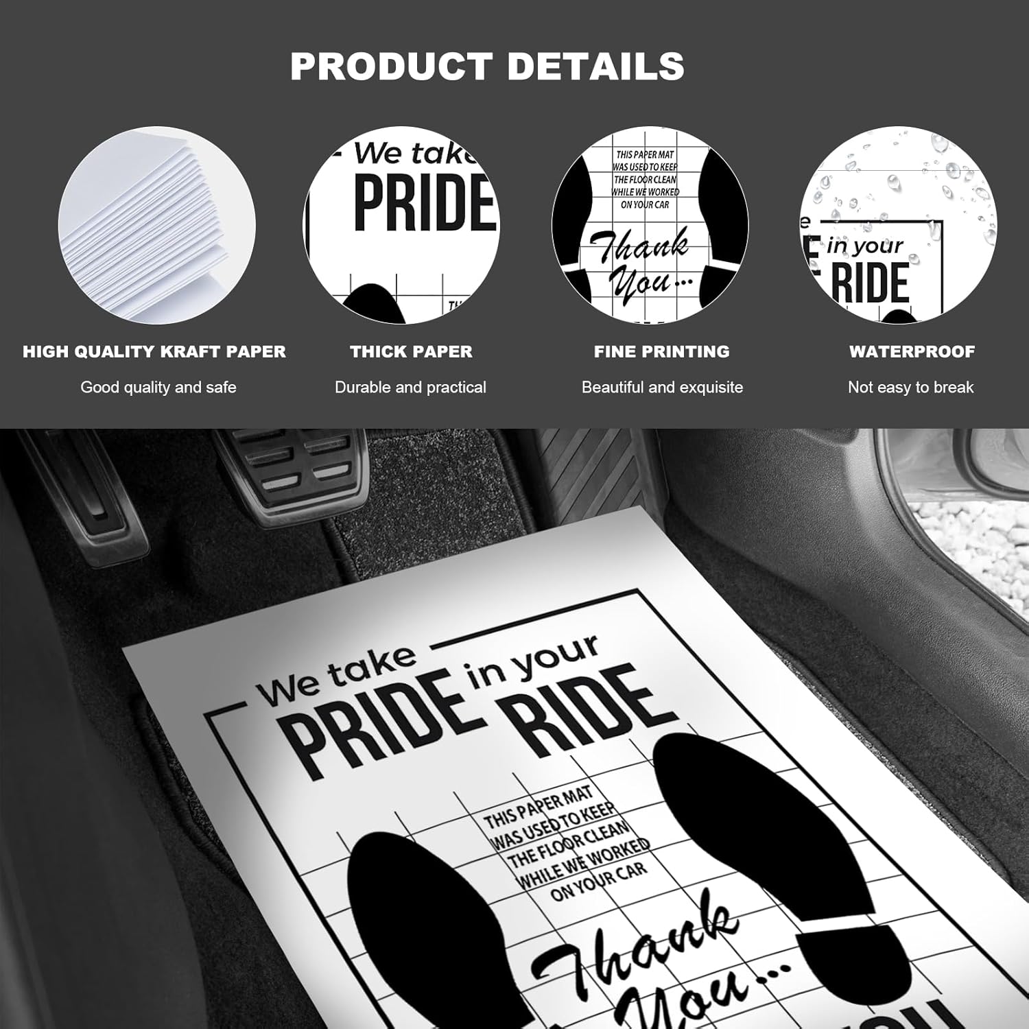 Sun Walker 50 PCS Car Paper Floor Mats, 16 x 20 Inch Disposable Auto Carpet Protector with Footprint Words, Waterproof Temporary Floor Protective Pads for Detailing Detail Wash (White) thumbnail