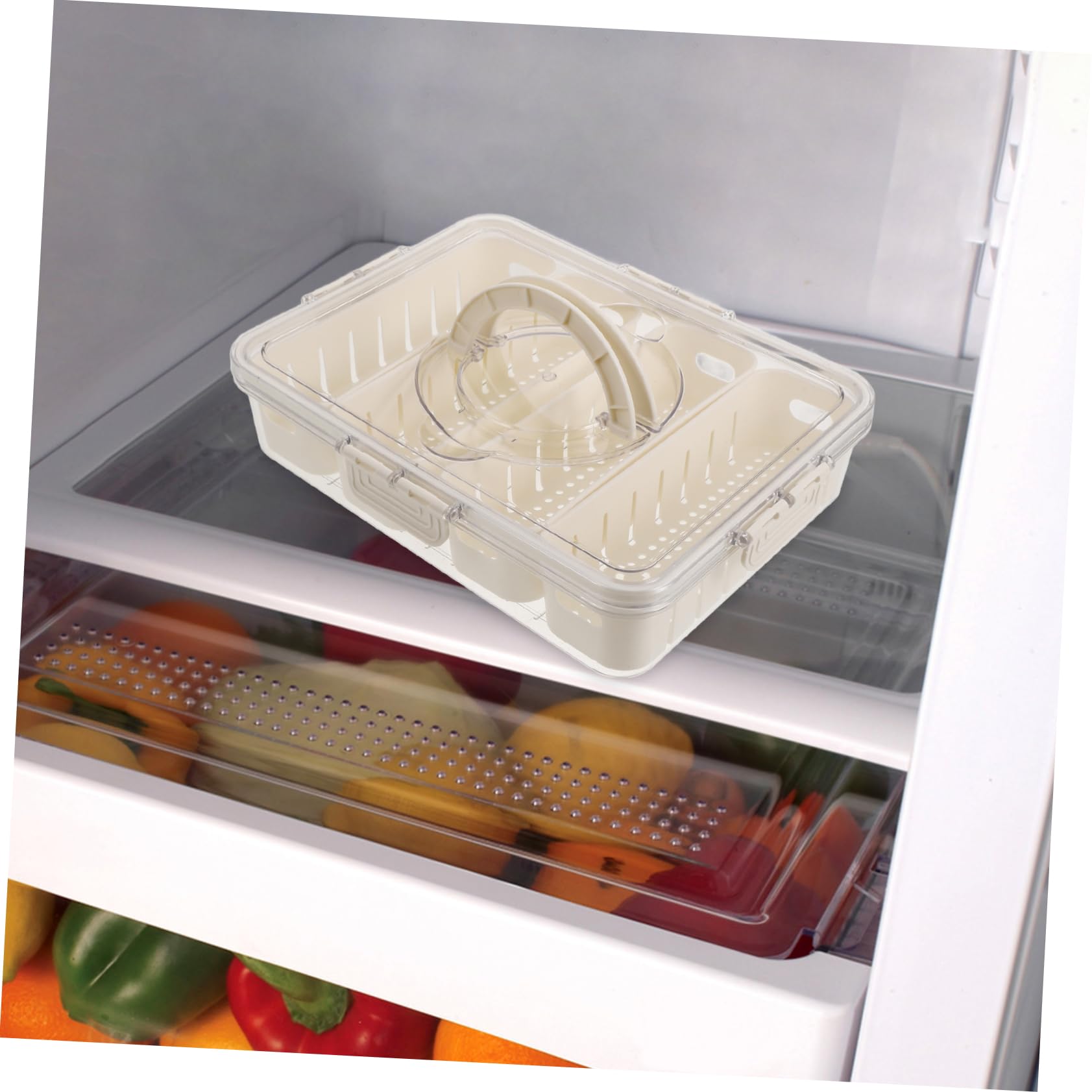 LIFKOME Caja Organizadora para Verduras y Frutas Engrosada Pet, Compartimentos Divididos, Tapa Hermética, para Refrigerador y Congelador, Uso Doméstico y Picnic, 4 Compartimentos Asa Portátil