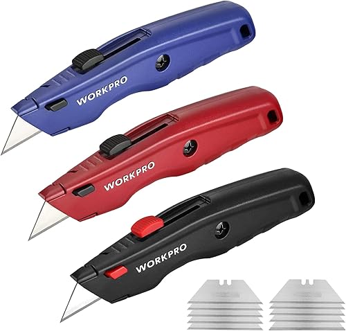 WORKPRO Cuchillo utilitario premium, cortador retráctil de metal resistente, cuchillo de afeitar de hoja de cambio rápido, con 10 cuchillas WORKPRO Cuchillo utilitario premium, cortador retráctil de metal resistente, cuchillo de afeitar de hoja de cambio rápido, con 10 cuchillas