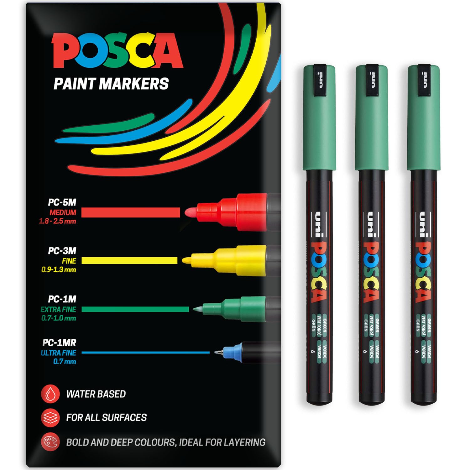Posca Water Based Acrylic Paint Marker Pens | Multi Surface Use Permanent Paint Pen | Pack of 3 Pens in Envelope Gift Packaging | Glass, Fabric, Canvas, Wood etc | PC-1MR, Green