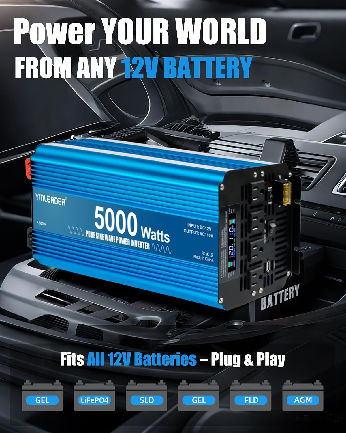 5000 watt Inverter Pure sine Wave Inverter 12V to 110V/120V Power Inverter, 10000W Peak DC to AC Inverter with LCD Display 4 AC Outlets,USB Port, Wireless Remote Control for Truck, RV, Solar Off-Grid