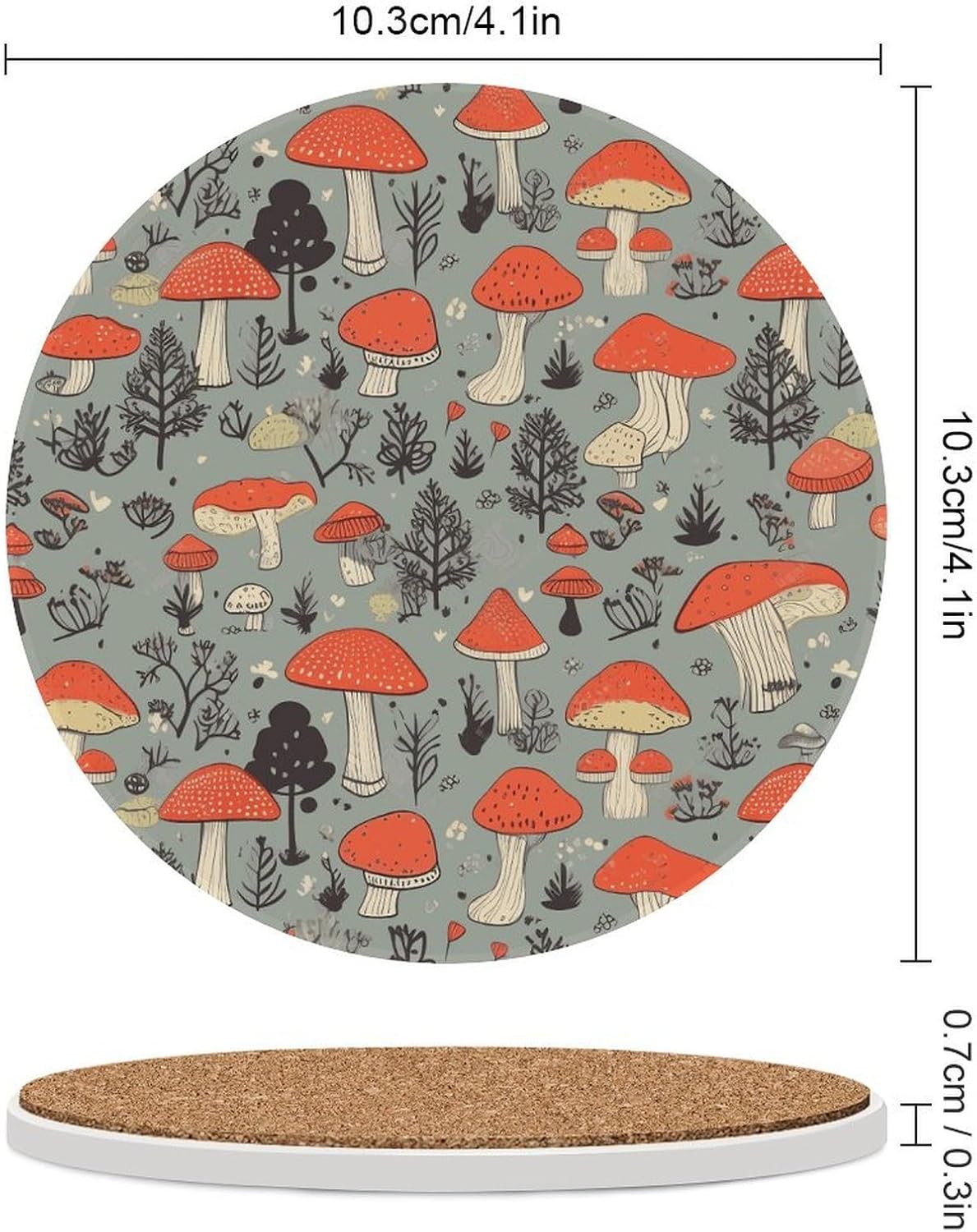Mushroom2 Coaster with Cork Base Drink Coasters for Coffee Table Decor Modern Cup Coasters with Non-Slip & Heat-Resistant Cute Ceramic Table Coaster for Home Dining
