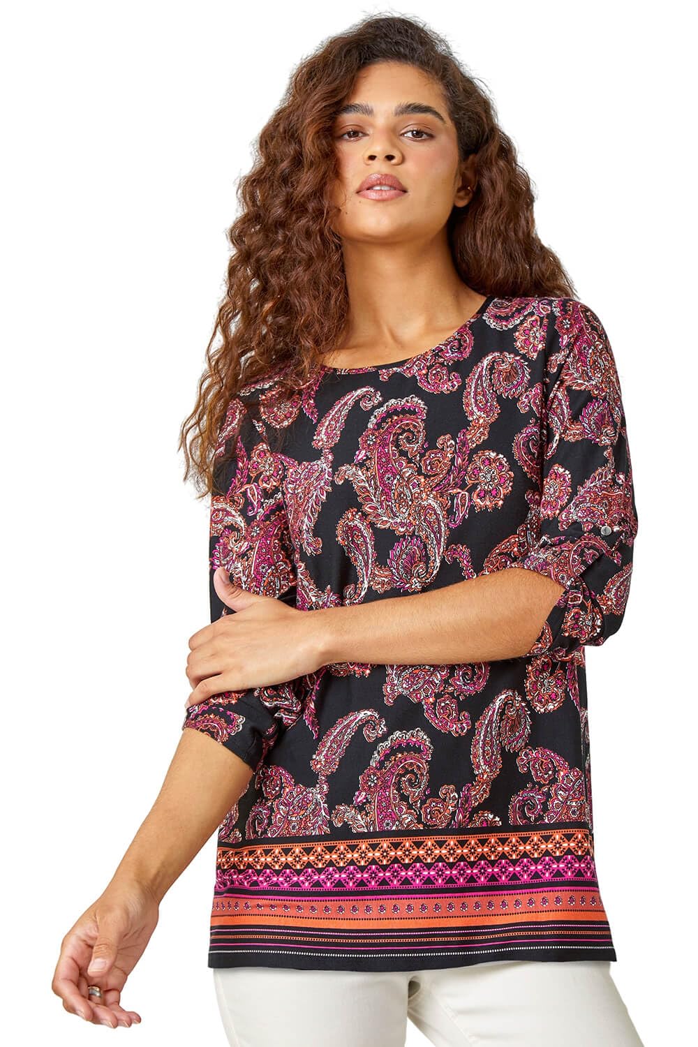 Roman Women's Red Paisley Border Print Stretch Tunic Top Size 10
