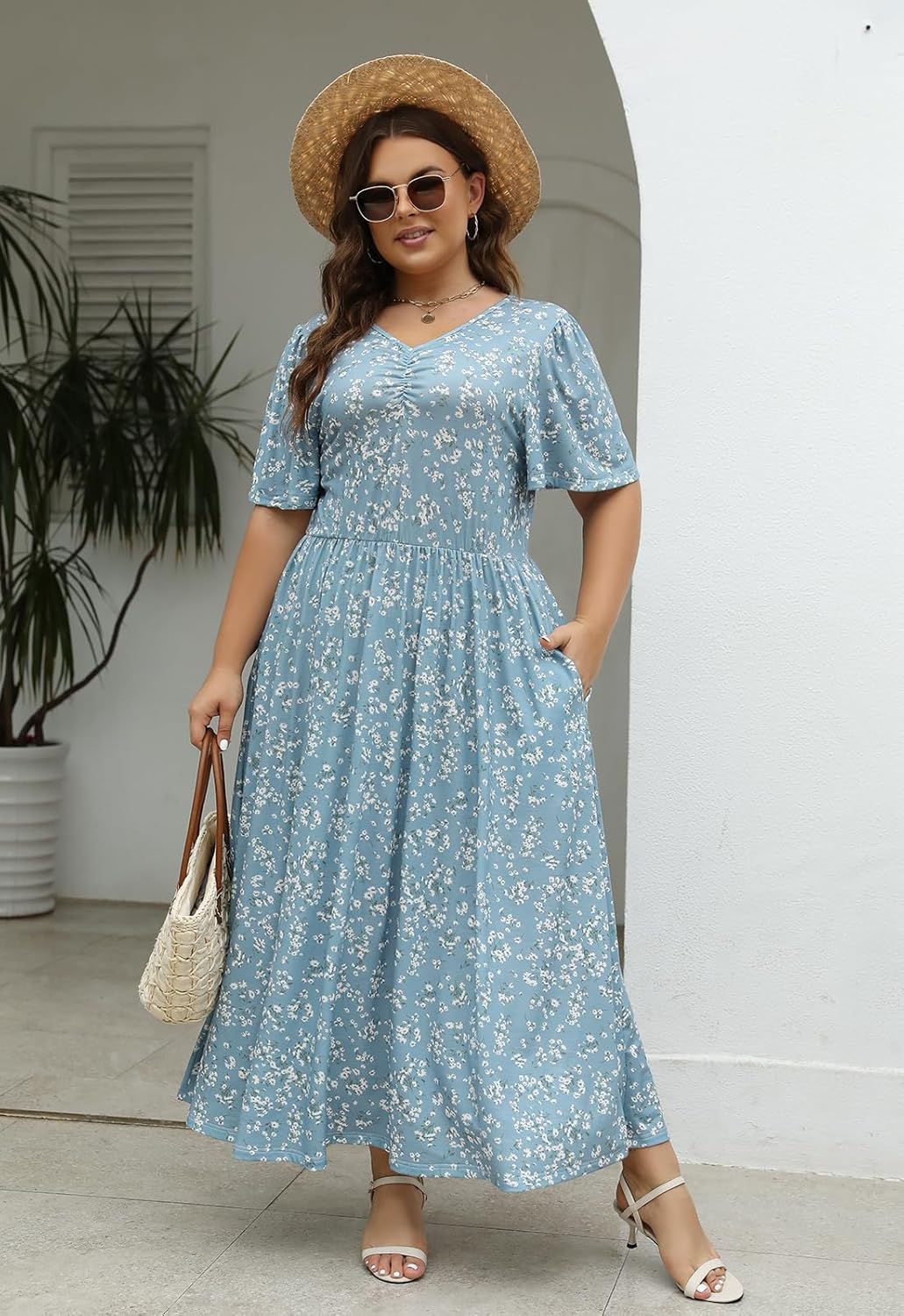 Keluummi Plus Size Wedding Guest Maxi Dresses for Curvy Women, Summer Floral 3/4 Sleeve Long Party Dresses with Pockets - Image 7