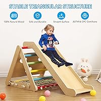 Vista 4 de Gimnasio interior de la selva, juguetes de escalada de madera 2 en 1, trepador triangular de madera de 3 lados con red de escalada, rampa