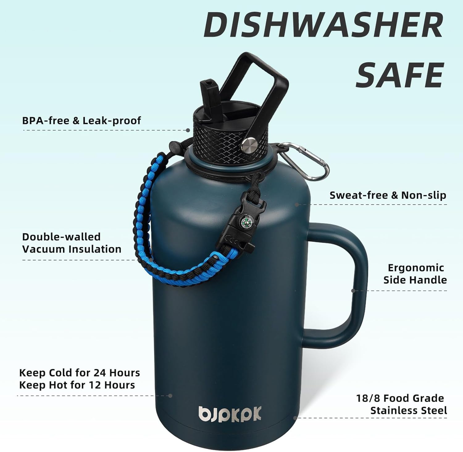 BJPKPK 2/3 Gallon Water Bottle Insulated with Straw Lid, 87oz Large, Stainless Steel Water Bottles with 3 Lids and Paracord Strap, Double Wall Vacuum Metal Water Jug,Navy Blue - Image 2