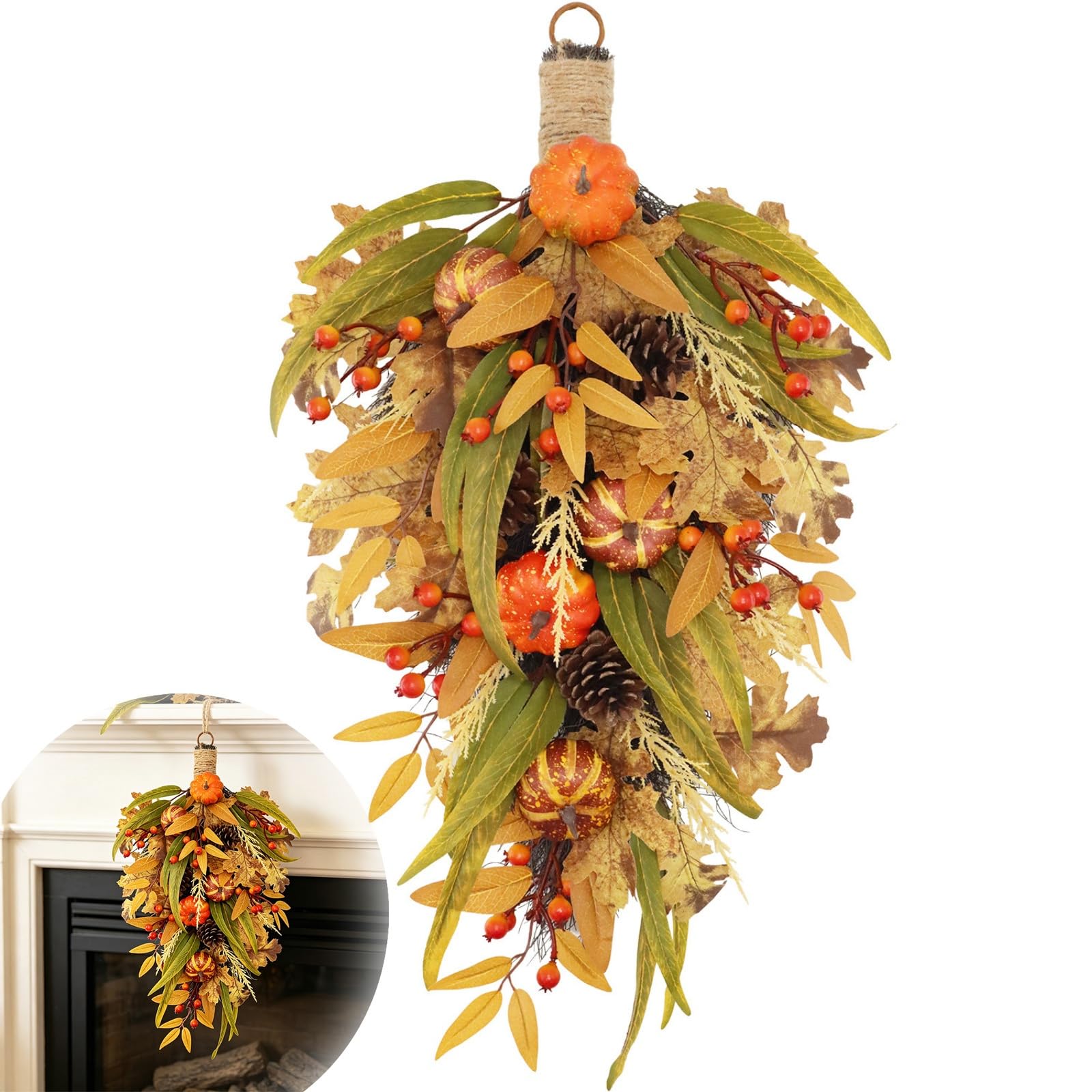 Artificial Autumn Teardrop Swag, Fall Harvest Door Wreath with Pumpkins Pinecones & Berries, Faux Floral Hanging Garland for Front Porch Wall Decor (ONE SIZE,Yellow)