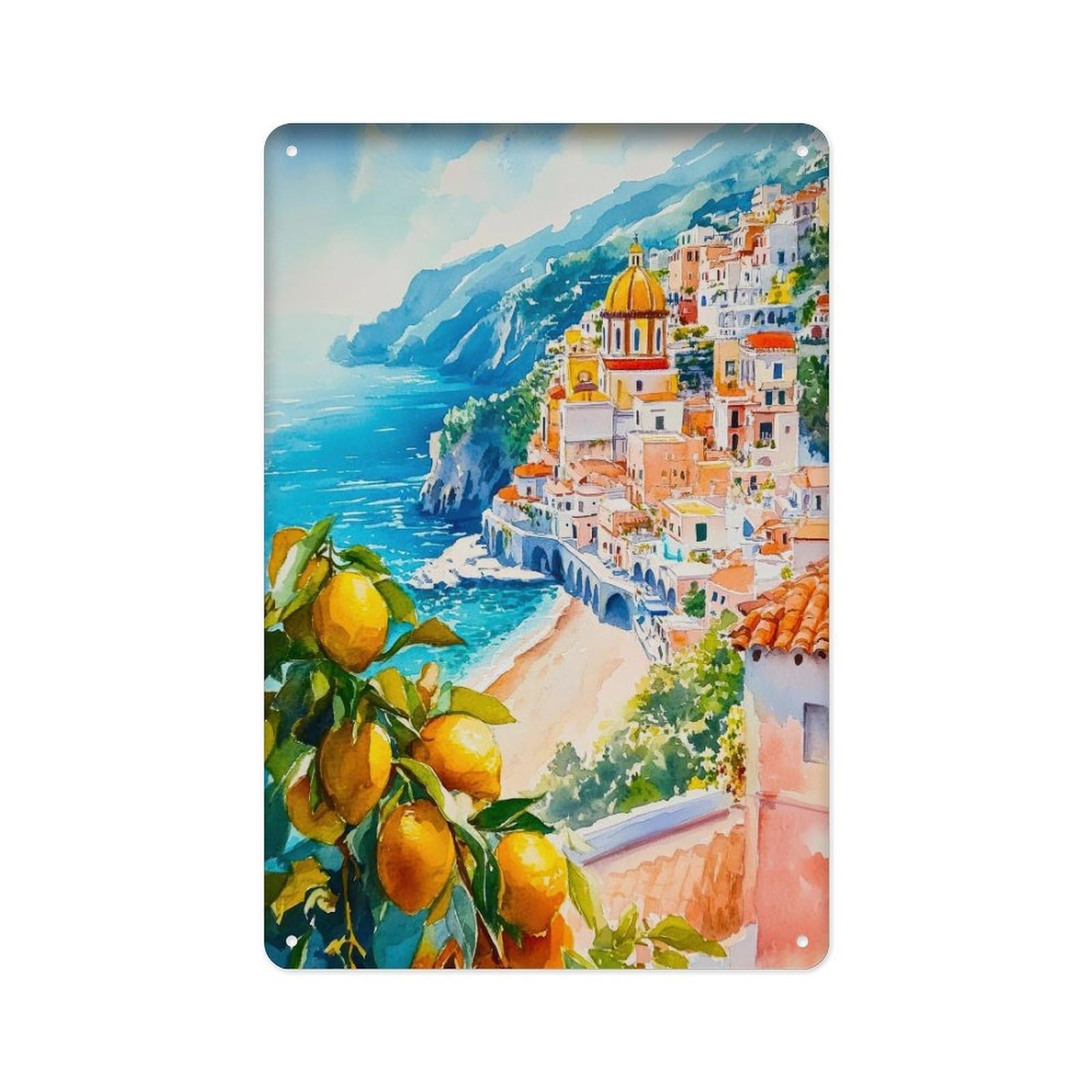 peiyeety Metal Tin Sign Amalfiof Coast Watercolor Painting Italian Mediterranean Coast Landscape Decorative Gift for European Enthusiasts And Travelers 8 X 12 Inch