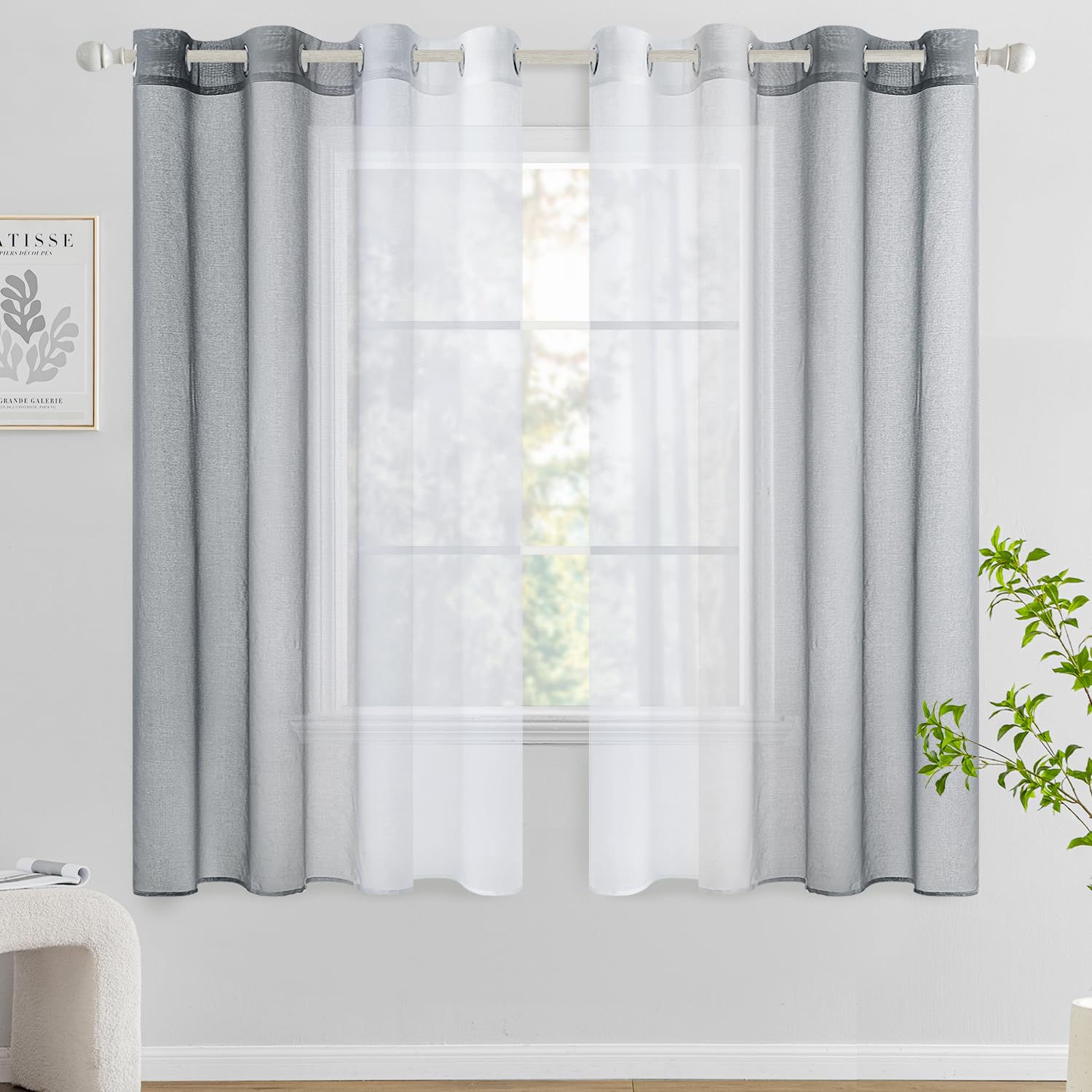 Woaboy Cortina Corta Ventana Translúcida Visillo Dormitorio con Ojales Moderno Decorativas Poliéster Visillos Degradado Gradiente para Habitación Salon 2 Piezas 140x175cm Gris
