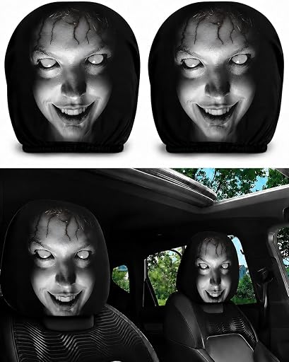 2PCS Ghost Face Headrest Covers, Scary Face Printing Auto Seat Universal Elastic Models Headrest Protector (A)