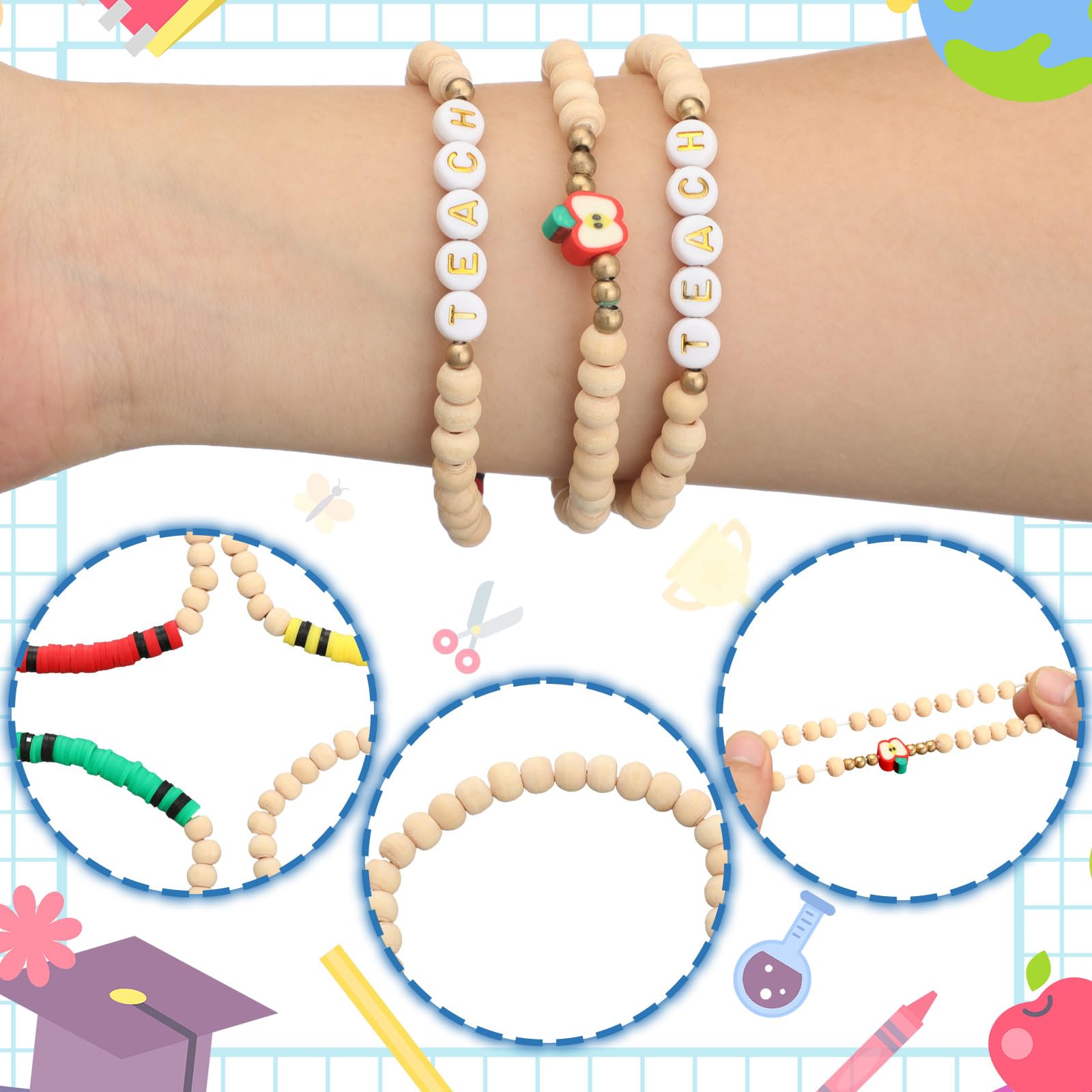 Huquary 12 Set/24Set End of Year Teacher Gifts Teacher Bracelet Bulk Clay Beaded Bracelet with Card OPP Bag