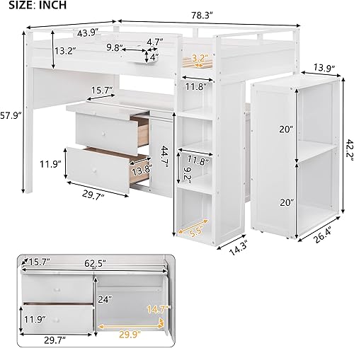 Miniatura 173 de Quarte Cama alta multifuncional, cama alta tamaño matrimonial con escritorio integrado y estantes de almacenamiento, dos cajones y escalera de