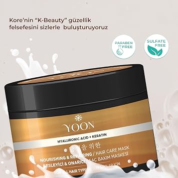 YOON Keratin & Hyalüronik Asit İçeren Saç Maskesi, Hasarlı Aşırı Yıpranmış Saçları 360° Yoğun Onarıcı ve Besleyici Saç Bakım Maskesi 250ml