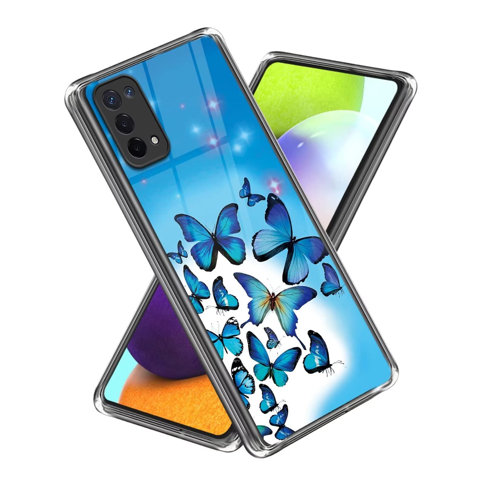 CRABOT Compatible with OPPO A74 4G /5G/OPPO A93 5G Case Ultra Thin Anti Shockproof Silicone Pattern Scratch Resistant Cover+1PCS Screen Protector-Blue Butterfly