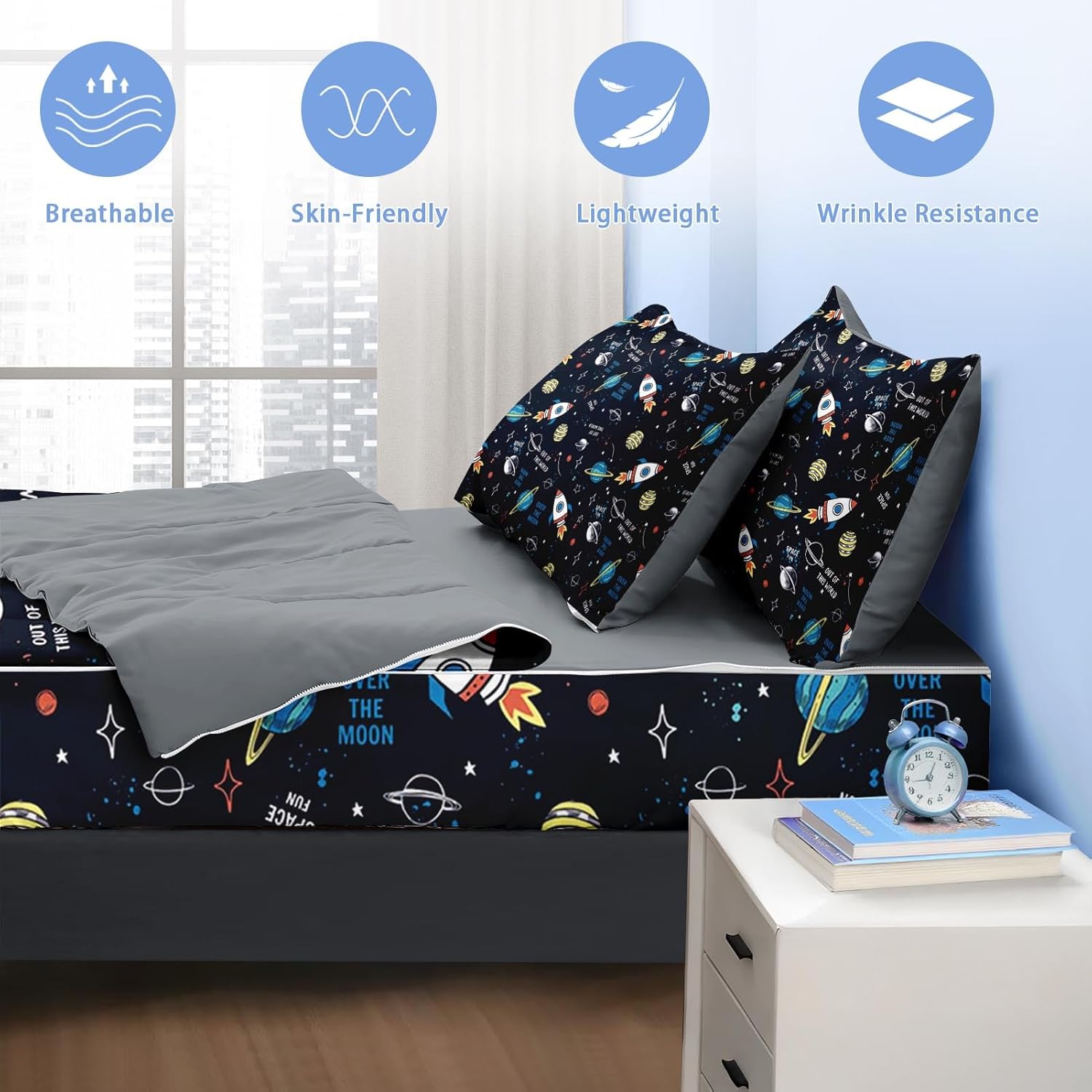 Nesker Zipper Bedding Twin Space Moon Universe Zip Up Bedding Set for Boys and Kids, Rockets Planets Stars 3 Pcs Comforter Bed in a Bag with Fitted Sheet and 2 Pcs Pillowcases - Image 8