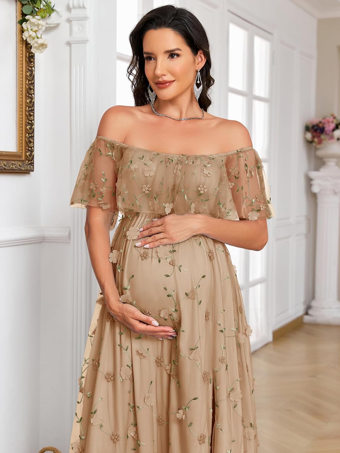 AISWI 3D Floral Maternity Dress Off Shoulder Mesh Ruffle Pregnancy Maxi Gown with Split Photoshoot Baby Shower Wedding
