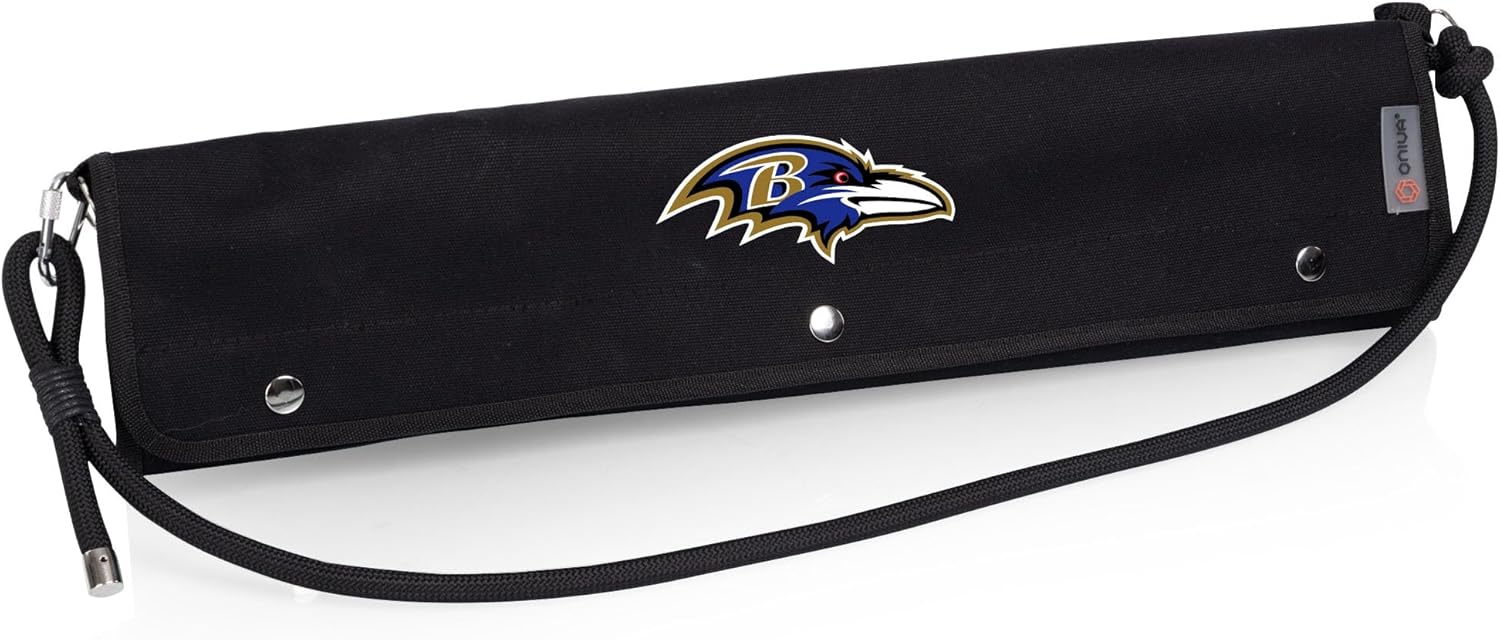 Picnic TIME NFL Baltimore Ravens BBQ Roll Up 3 Piece Set, BBQ Accessories with Beechwood Grill Tools, Grilling Accessories for Barbecue, BBQ Grill Set with Canvas Tote Carrier, (Black)