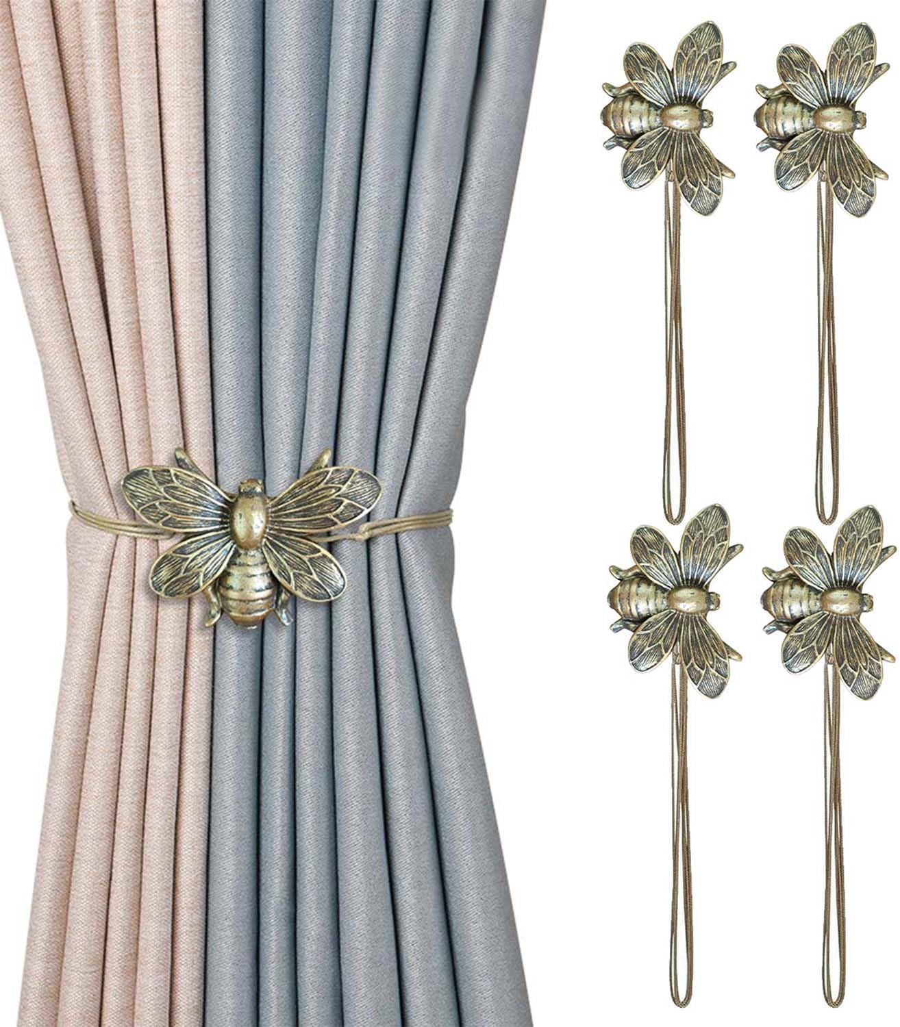 Curtain Holdbacks Set of 4, Brown Resin Magnetic Curtain Tiebacks Flying Bee Curtain Holders, Ties for Drapes, Farmhouse Decoration Accessories