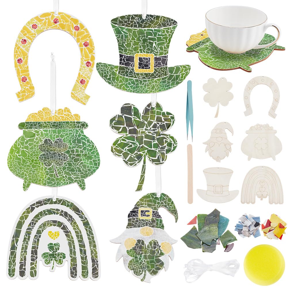 WEBEEDY 6 Sets St. Patricks Mosaic Tiles Kit with Wooden Bases Green Clover Hat Gnome Glass Mosaic Tiles for Coaster Hanging Ornaments Kit for St Patricks Day Wall Hanging Decor Gift