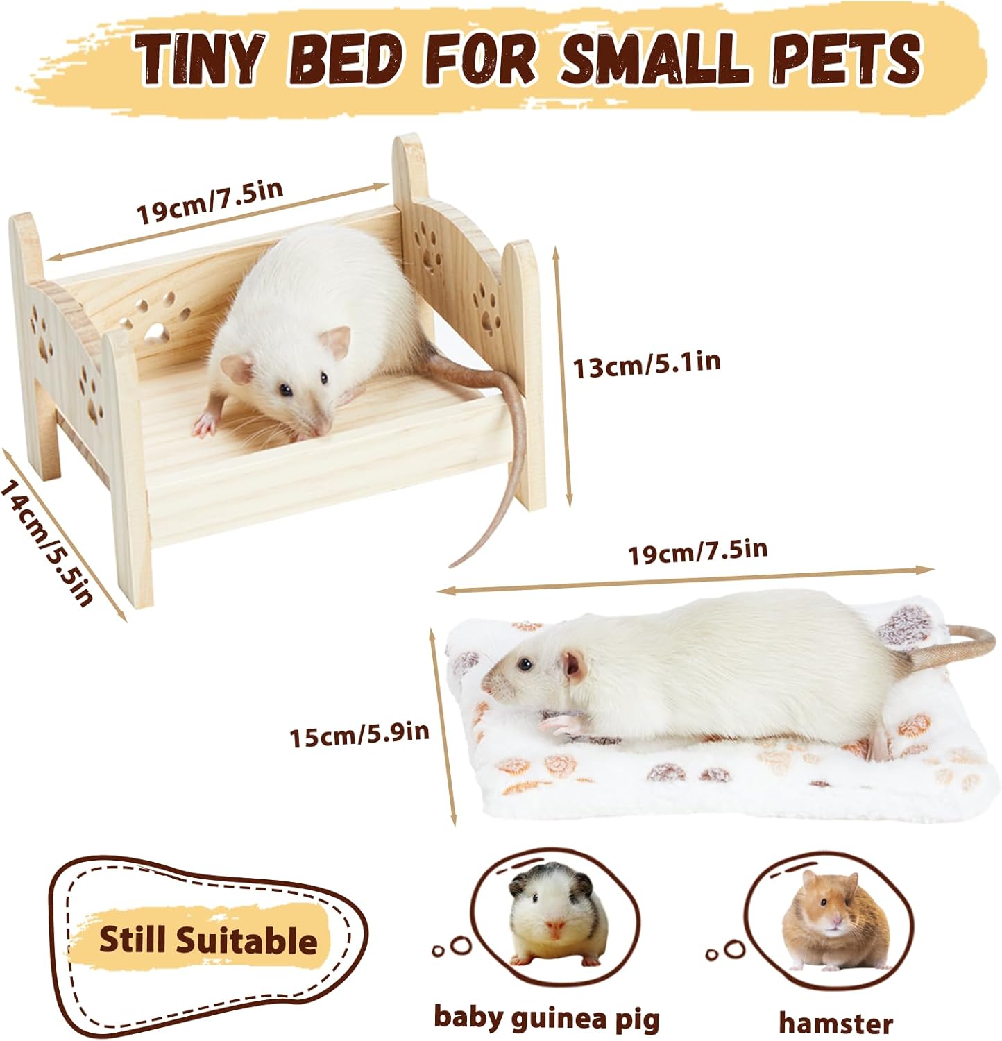 Small Pet Resting Set - Cozy Hanging Hammock and Chew-Resistant Wooden Bed for Rats, Mice and Sugar Gliders