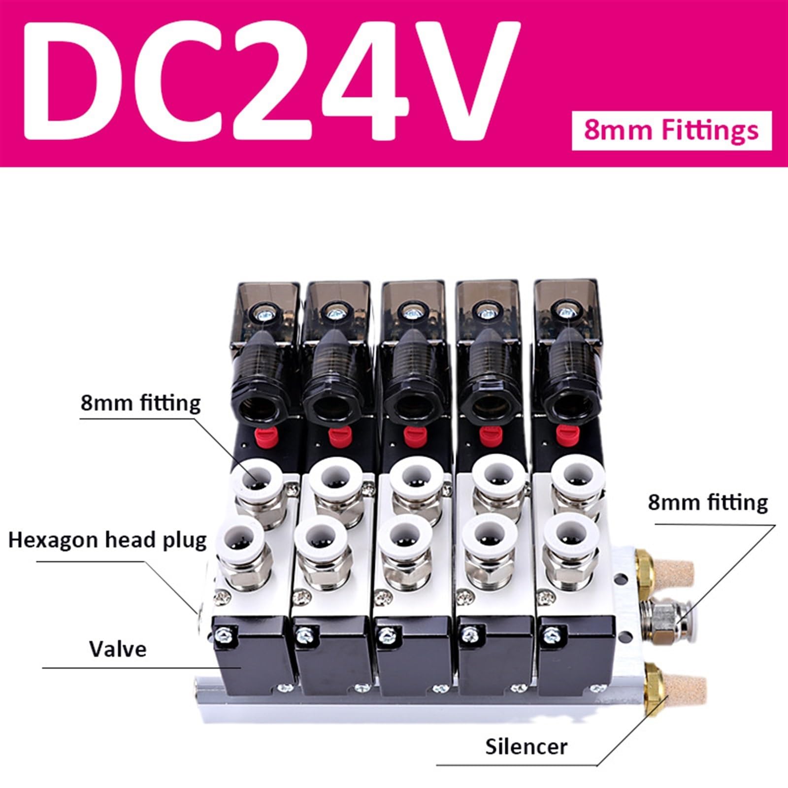 4V210-08 zawór elektromagnetyczny 11-20 kombinacji DC12 V 24 V AC 220 V z armaturą, 5 przyłączy 2-pozycyjne zawory elektromagnetyczne (złącze DC 24 V, 8 mm, 17 stacji)