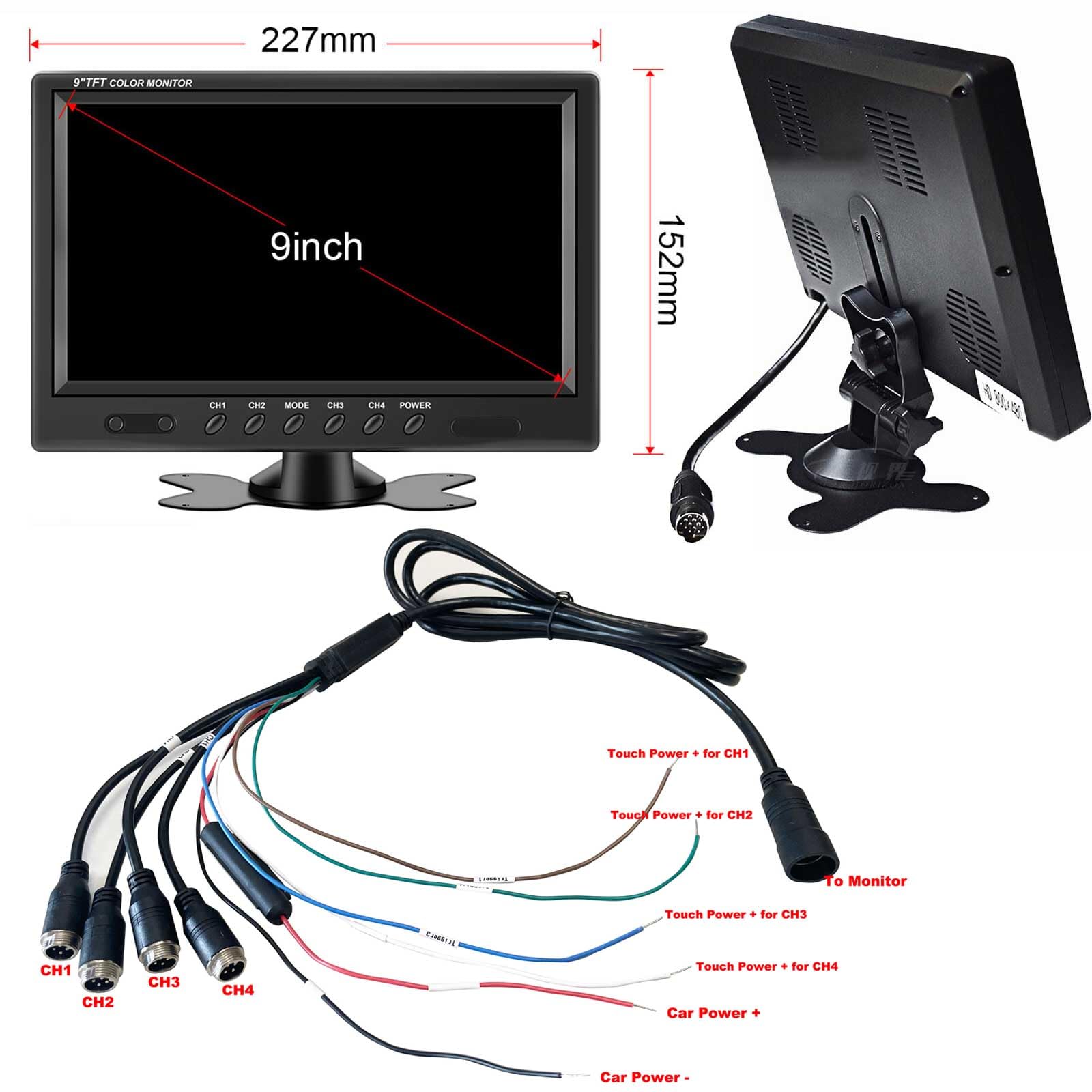 Camion Semirimorchio 9V-36V 9 "4-Split Monitor Schermo Kit telecamera di retromarcia | Telecamera posteriore impermeabile per visione notturna, 18 LED, con monitor a 4 canali, per autobus, roulotte, camper