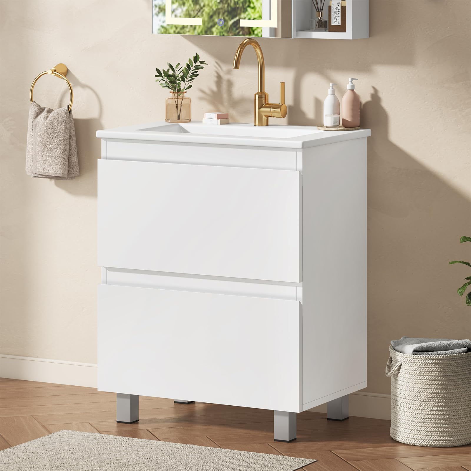 KIMENICH Waschtisch mit Unterschrank 60 cm, Waschbeckenunterschrank, Badezimmerschrank mit 2 großen Schubladen, Unterschrank Waschbecken mit Füßen, Viel Stauraum, 61 x 46.5 x 87 cm, Weiß