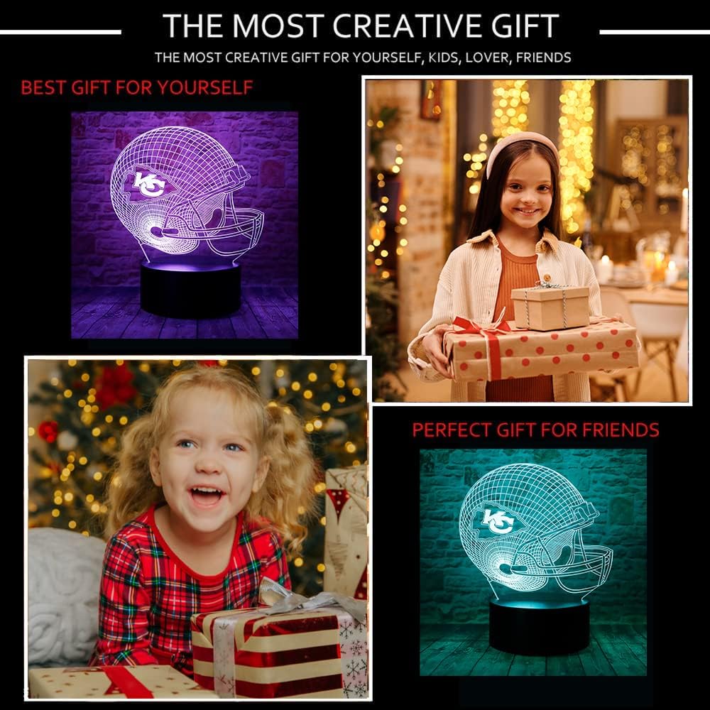 Cute Chiefs Football Helmet 3D Optical Illusion LED Bedroom Decor Sleep Table Lamp with Remote 7 Colors Acrylic Visual Night Light Birthday Christmas Gifts for Kids KC Men Women