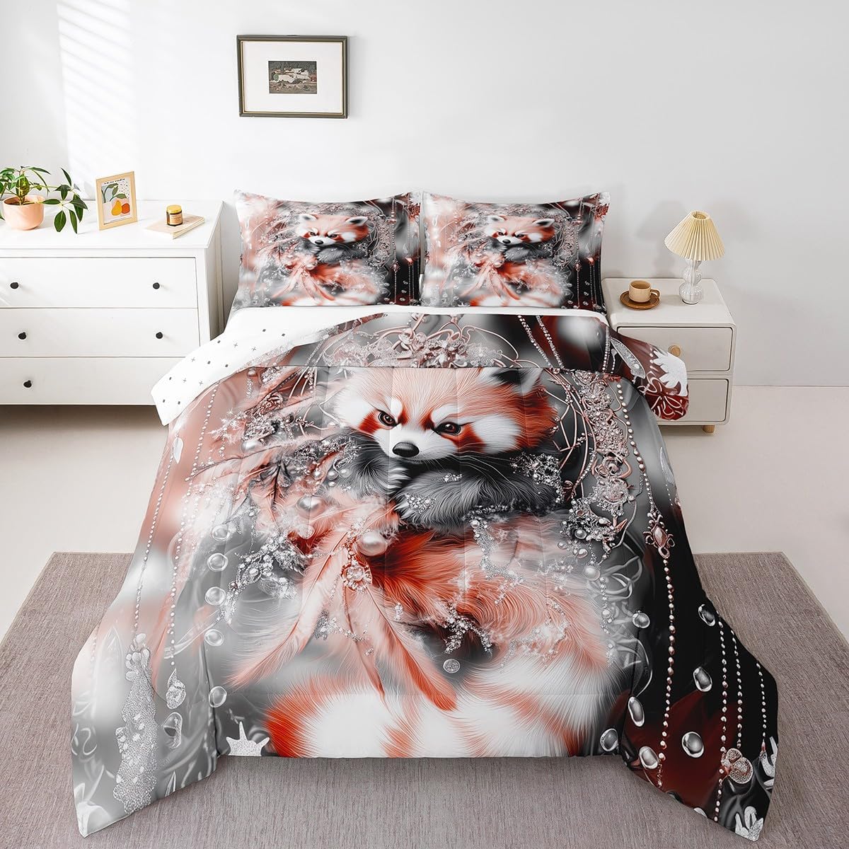 Erosebridal Cute Red Panda King Comforter Set Boho Dream Catcher Bedding Set Kawaii Wildlife Animal Down Comforter for Kids Girls Boys Teen,Exotic Bohemian Dreamcatcher Quilt Set