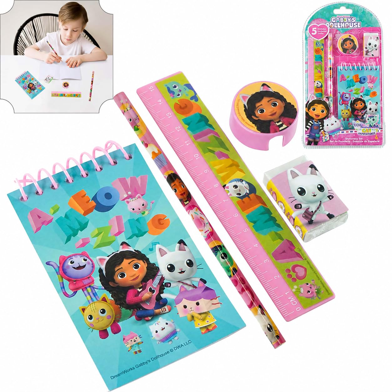 SRV Hub 5Pcs Gabby's Dollhouse Stationery Set for Kids, Mini Notepad, Pencil, Eraser, Ruler & Sharpener, Back to School Essentials, Preschool Nursery Gift for Ages 3-12 — image 1