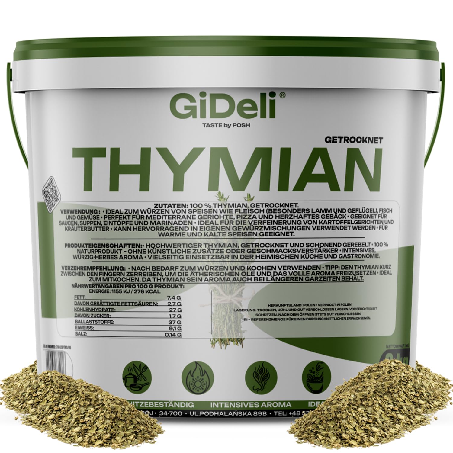 GiDeli Thymian Getrocknet 3kg im Eimer- 100% Naturprodukt ohne Zusätze - Schonend Gerebelt mit Intensivem Aroma - Hitzebeständig zum Mitkochen- Ideal für Fleisch, Pizza, Suppen & Mediterrane Gerichte