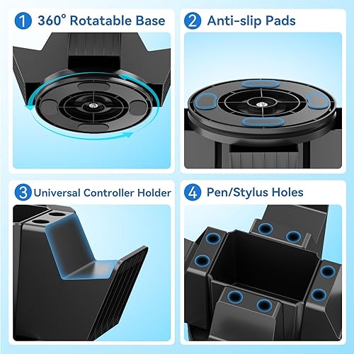 Miniatura 5 de KDD Organizador de control para escritorio, soporte de controlador giratorio de 360 con caja de almacenamiento, soporte universal para 4