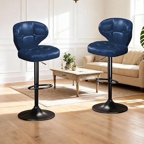 Taburetes de bar modernos, juego de 2 taburetes de cocina giratorios de altura ajustable, asiento acolchado con respaldo, marco de metal, base