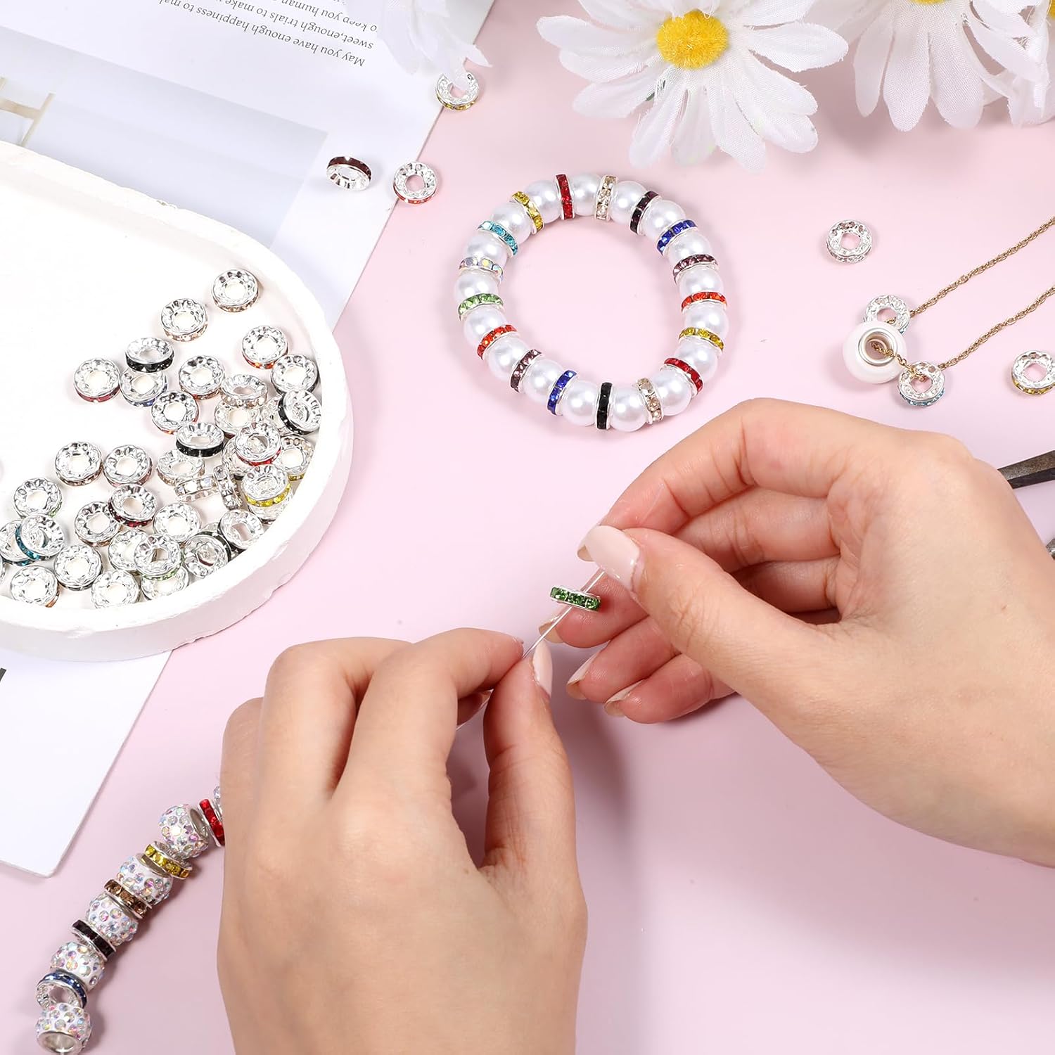 100 Piece Large Hole Rhinestone Spacer Beads 10mm Multicolor Rondelle Spacer Beads Silver Plated Crystal Bead for Bracelets Necklaces Jewelry Making DIY Crafts - Image 3