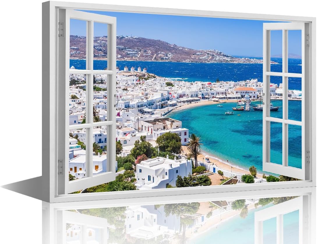 TISHIRON Mykonos Greece Canvas Wall Art for Living Room Home Decor Cityscape View from a Window Poster Prints Europe Wall Decorations for Bedroom Office Framed Ready to Hang, 36x24in