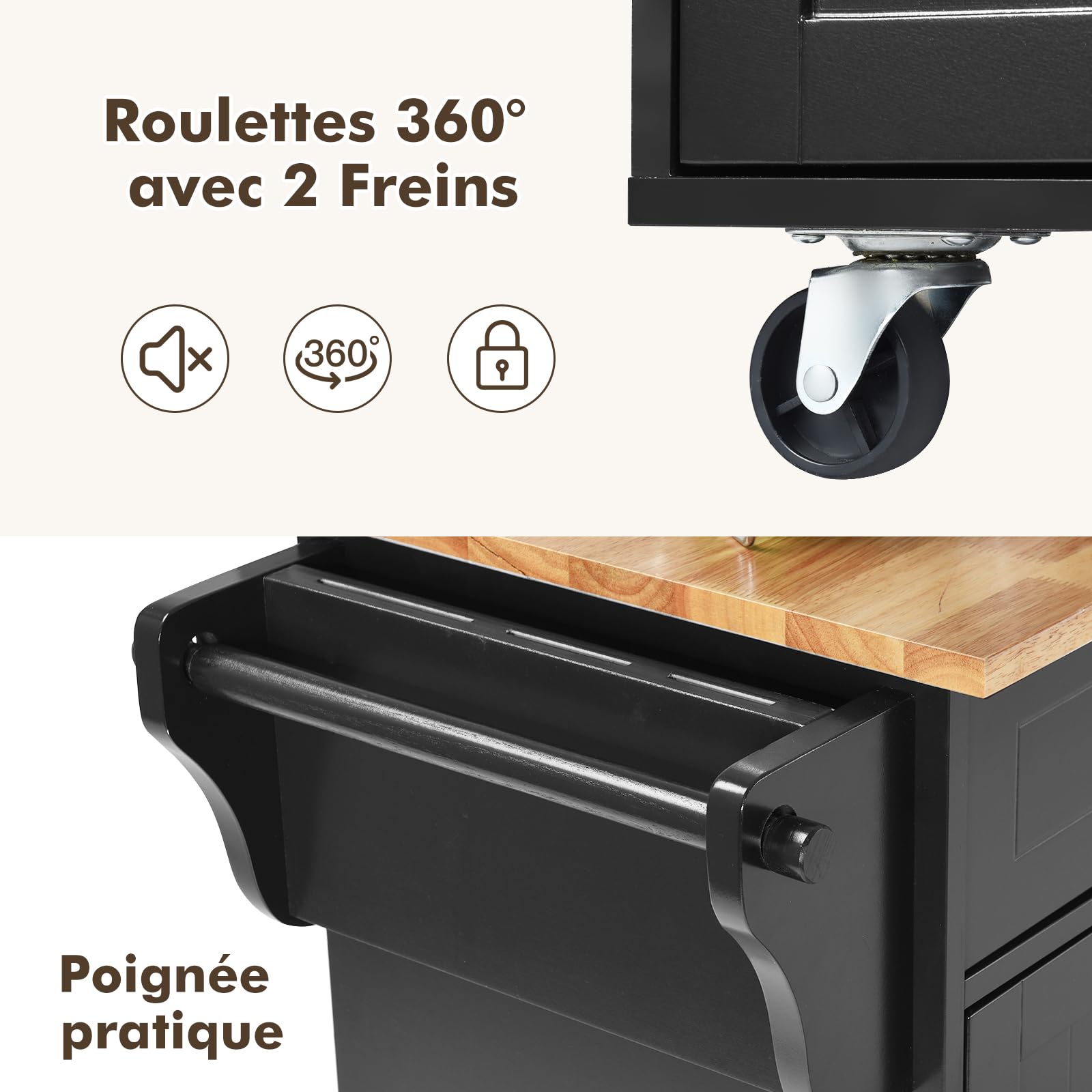 COSTWAY Desserte de Cuisine à roulettes, Chariot de Service Imperméable avec 2 Tiroirs, Étagères Réglables, Porte-Serviettes, Couteau, 3 Portes, Poignée Inoxydable, 46 x 122 x 93 cm, Noir
