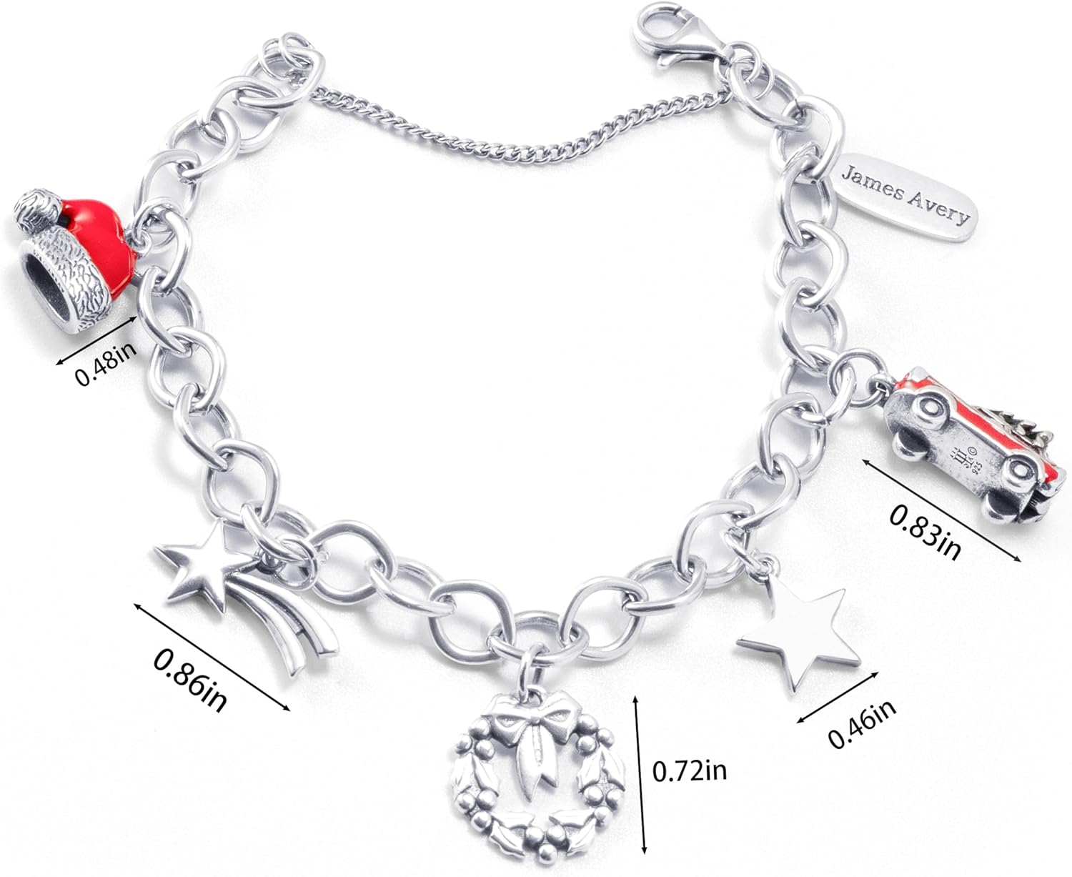 S925 JA Christmas Charm Bracelet, Sterling Silver with Santa Hat, Red Truck, Star & Wreath Charms
