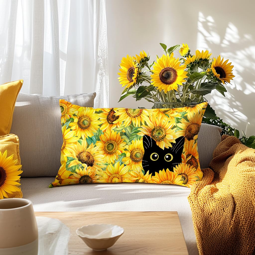 4TH Emotion Spring Summer Sunflowers Cat Lumbar Throw Pillow Covers 12 x 20 Inch, Yellow Flowers Welcome Farmhouse Holiday Cushion Case for Home Sofa Couch Decoration TH216-12 2