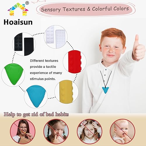 Miniatura 10 de Collares masticables para niños sensoriales, paquete de 6 collares masticables para niños y niñas sensoriales con autismo, TDAH, SPD, masticación,