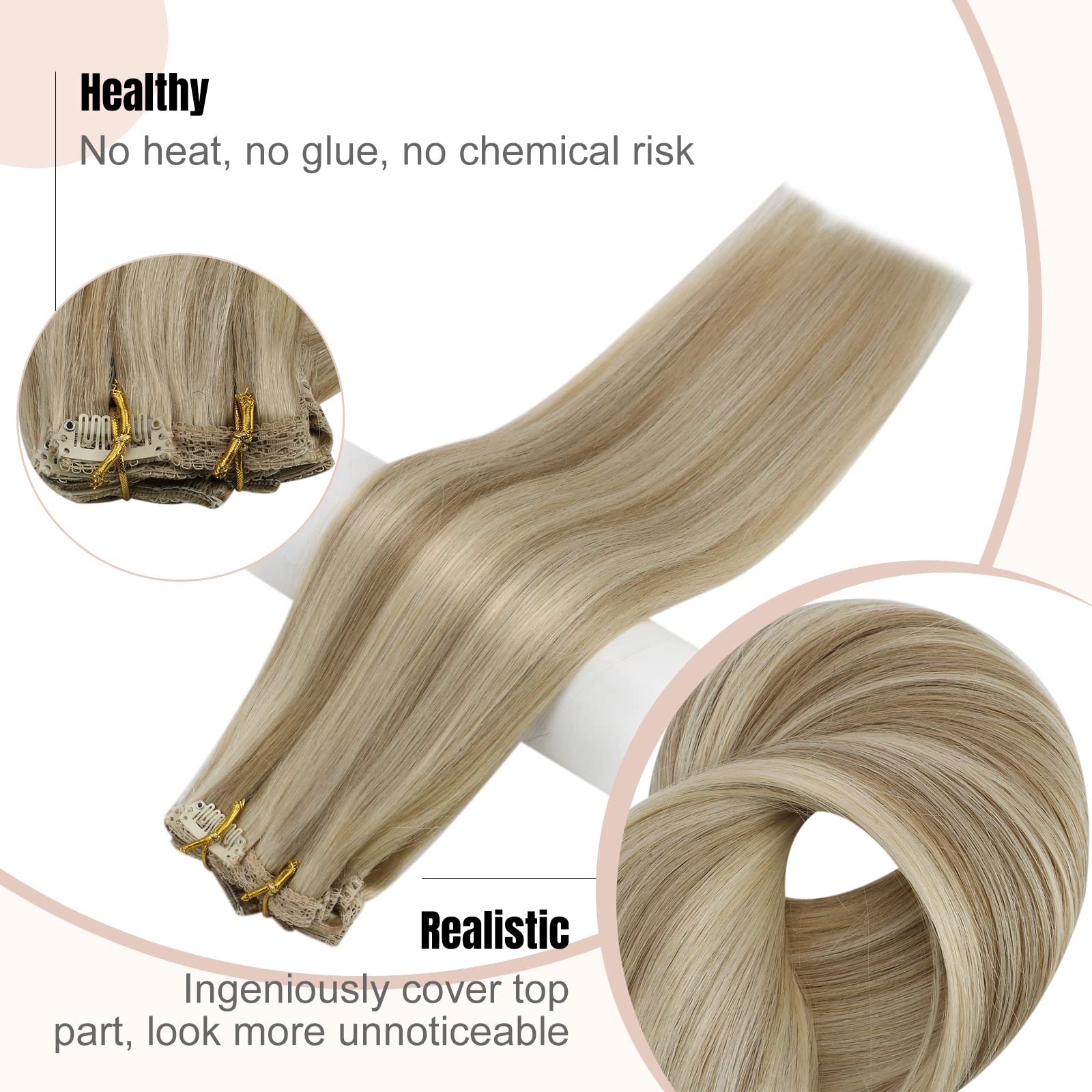Fshine Estensioni Clip Capelli Veri Biondo Cenere Scuro Con Highlighted Del Biondo Dorato Extension Human Hair Clip 3Pcs 50g 30cm Extension Clip Capelli Umani Lisci #16P22
